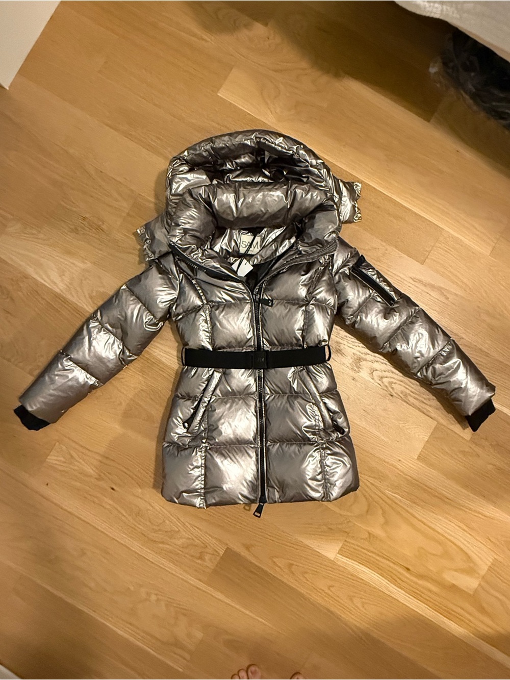 SAM NY Girls Soho Metallic Gunmetal Down Puffer Coat Sz 12 NWT Belted